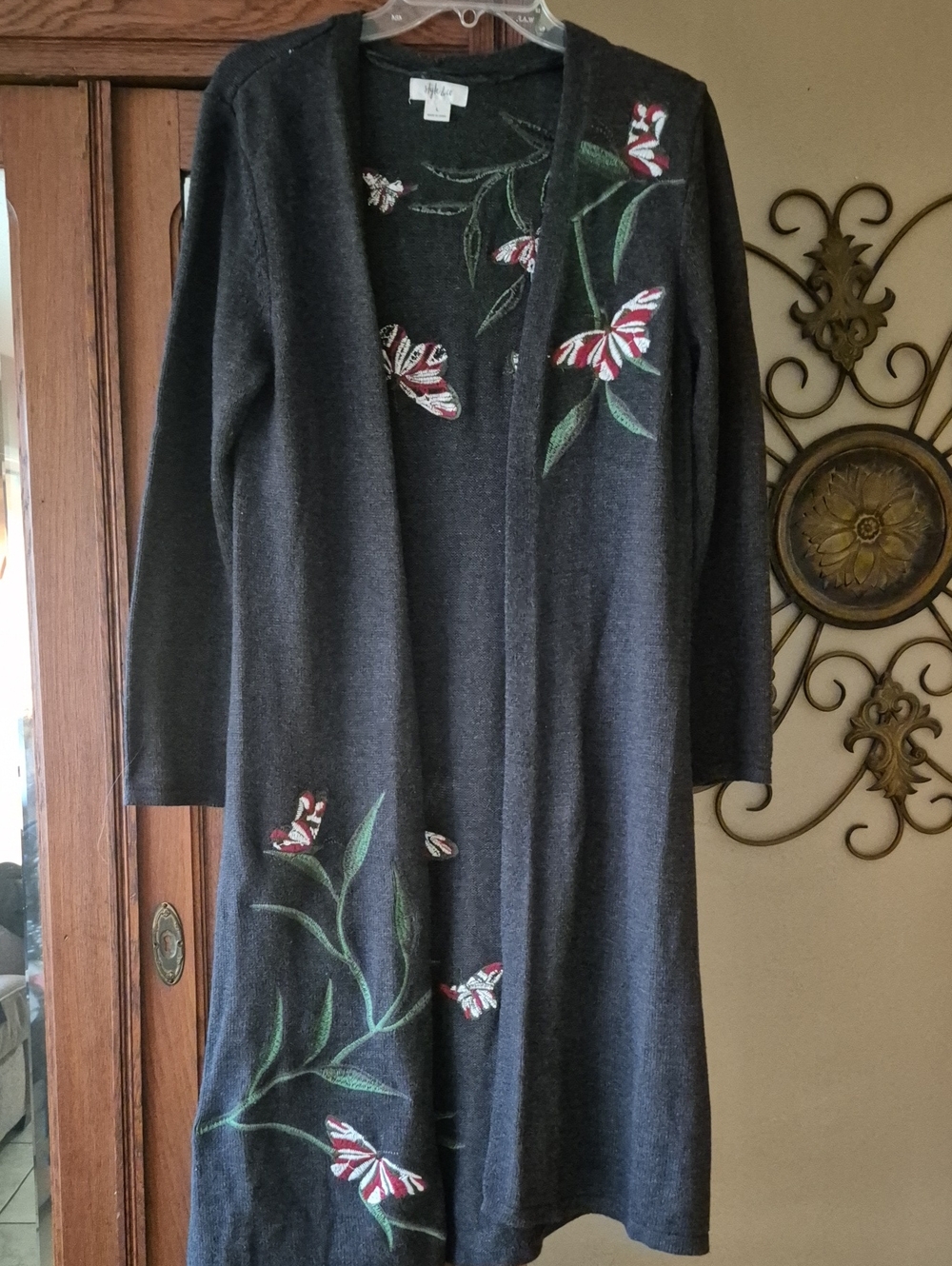 Style & Co Charcoal Embroidered Floral Cardigan